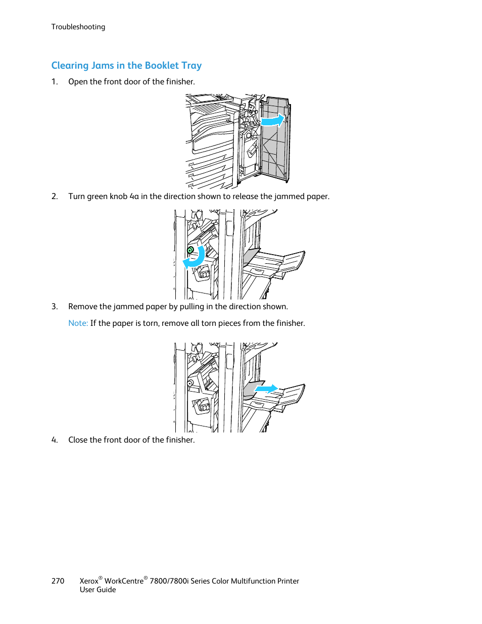 Clearing jams in the booklet tray | Xerox WorkCentre 7835ii User Manual | Page 270 / 336