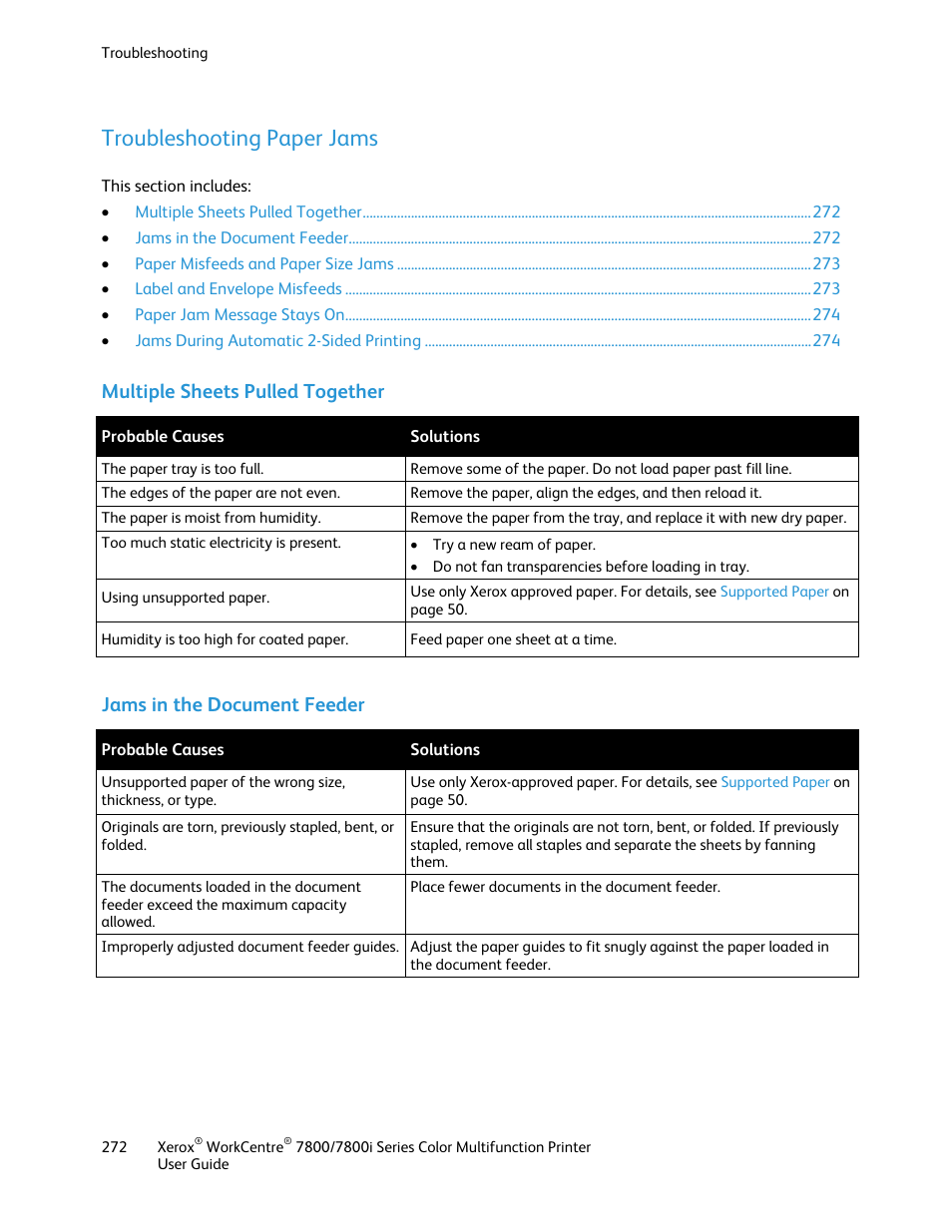 Troubleshooting paper jams, Multiple sheets pulled together, Jams in the document feeder | Xerox WorkCentre 7835ii User Manual | Page 272 / 336