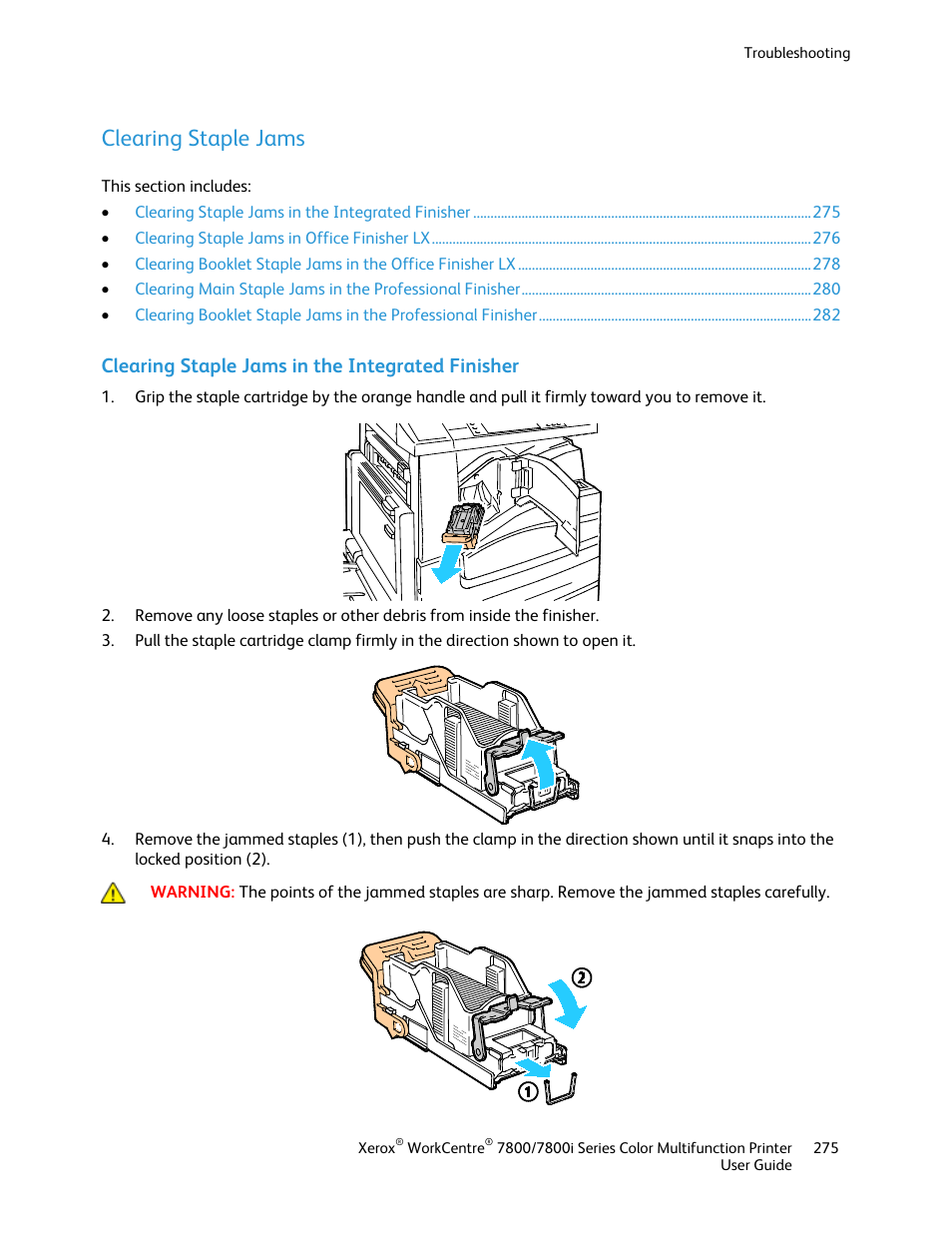 Clearing staple jams, Clearing staple jams in the integrated finisher | Xerox WorkCentre 7835ii User Manual | Page 275 / 336