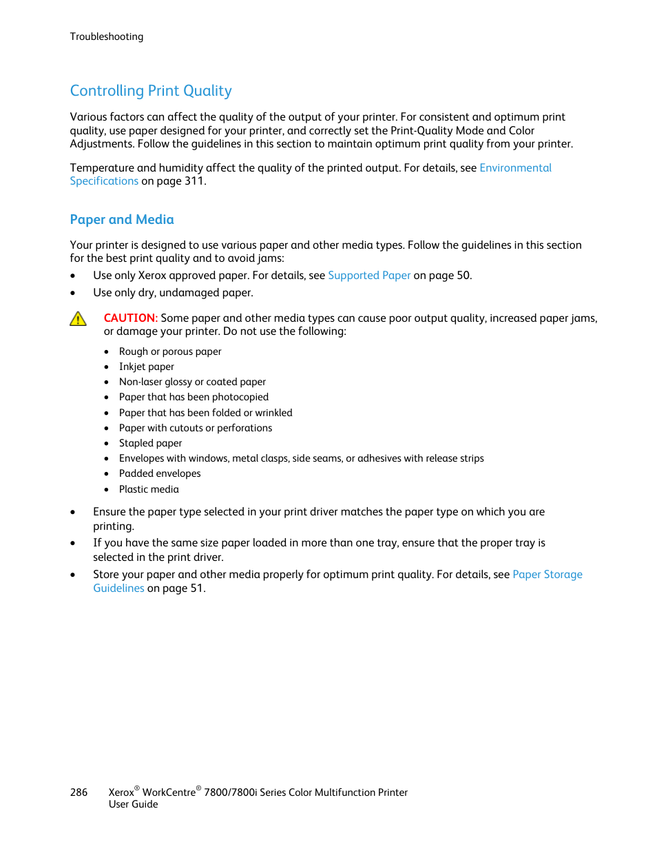 Controlling print quality, Paper and media | Xerox WorkCentre 7835ii User Manual | Page 286 / 336