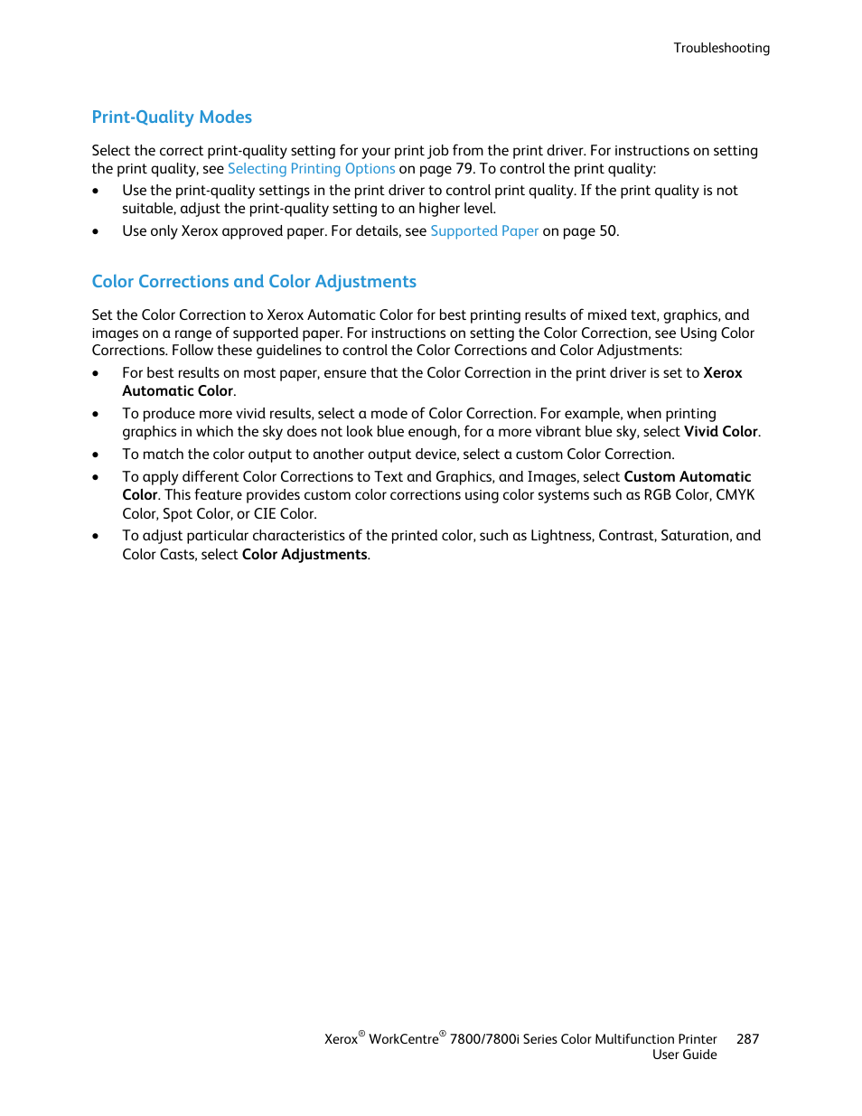 Print-quality modes, Color corrections and color adjustments | Xerox WorkCentre 7835ii User Manual | Page 287 / 336