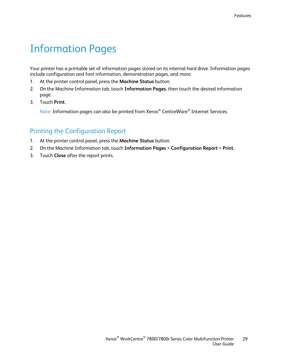 Printing the configuration report, Information pages | Xerox WorkCentre 7835ii User Manual | Page 29 / 336