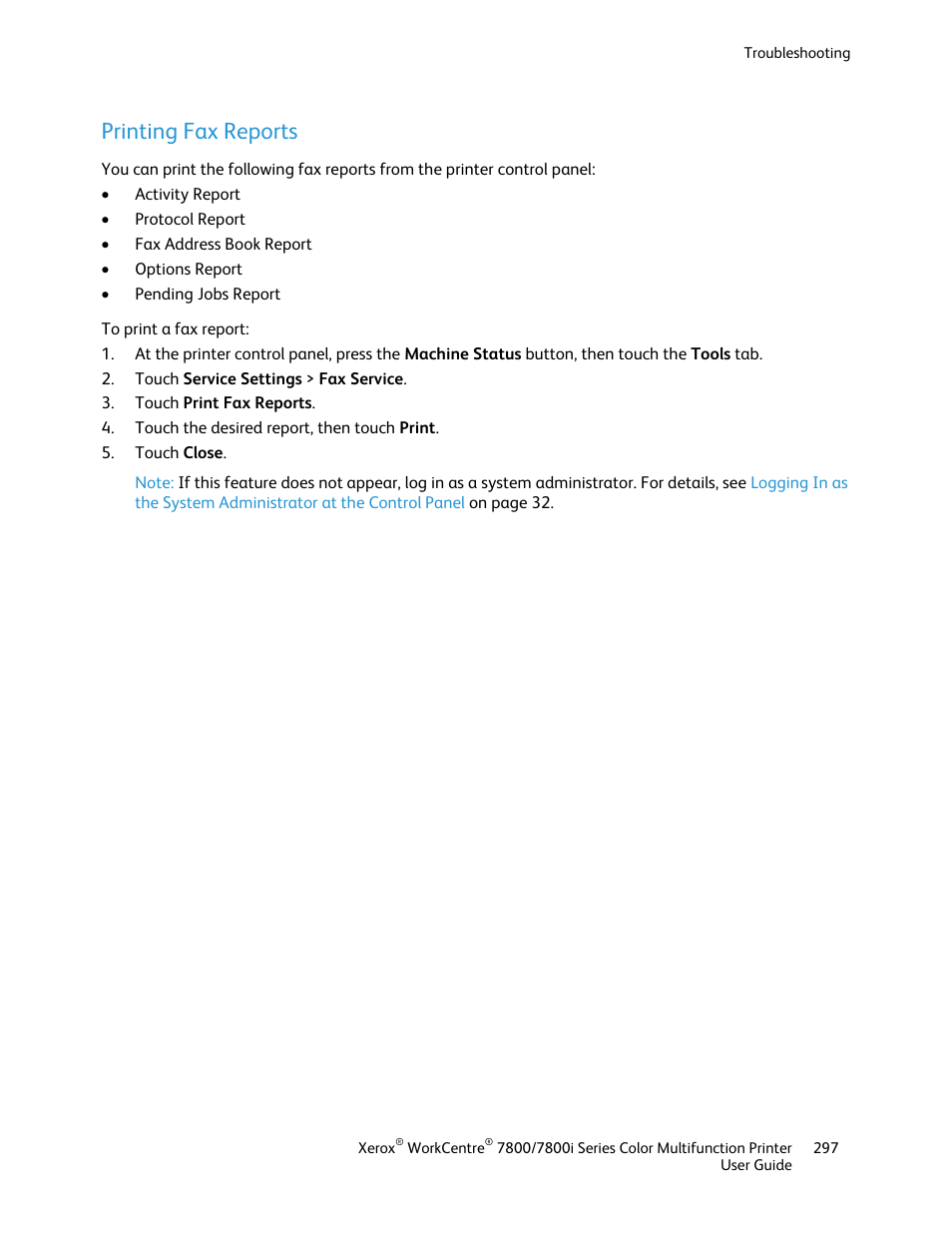 Printing fax reports | Xerox WorkCentre 7835ii User Manual | Page 297 / 336
