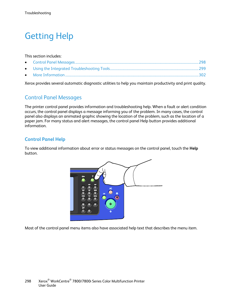 Getting help, Control panel messages, Control panel help | Xerox WorkCentre 7835ii User Manual | Page 298 / 336