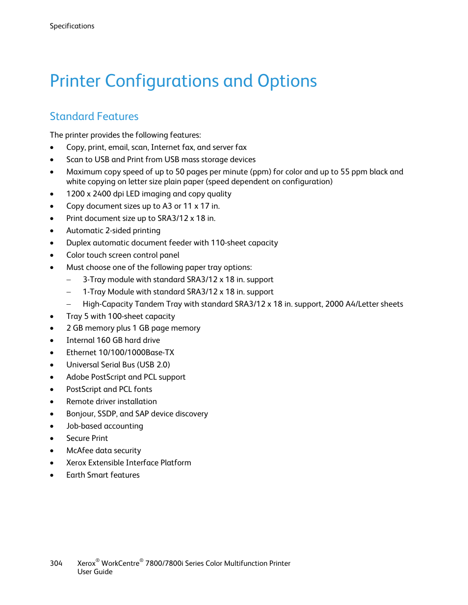 Printer configurations and options, Standard features | Xerox WorkCentre 7835ii User Manual | Page 304 / 336