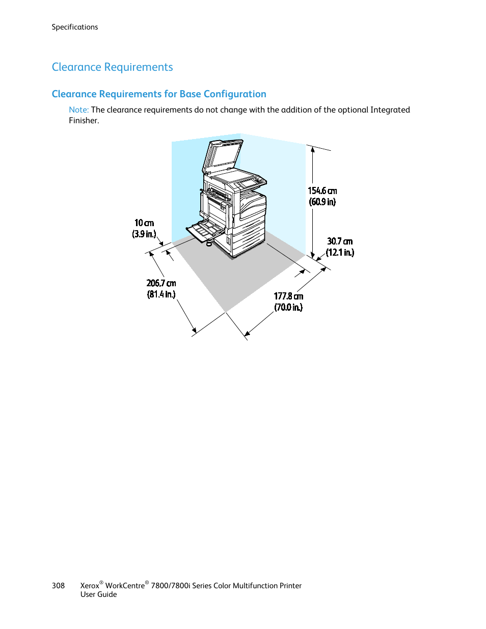Clearance requirements, Clearance requirements for base configuration | Xerox WorkCentre 7835ii User Manual | Page 308 / 336