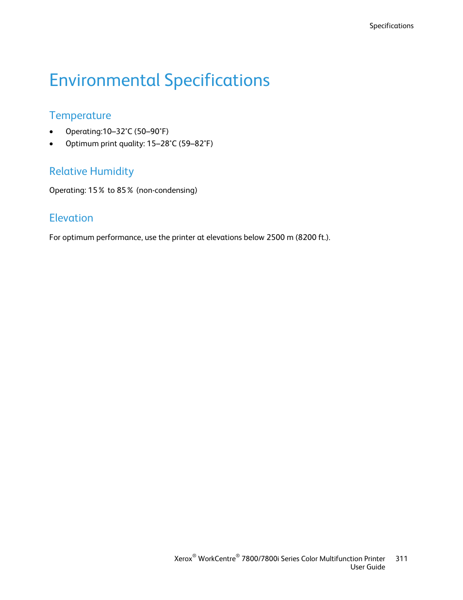 Environmental specifications, Temperature, Relative humidity | Elevation | Xerox WorkCentre 7835ii User Manual | Page 311 / 336