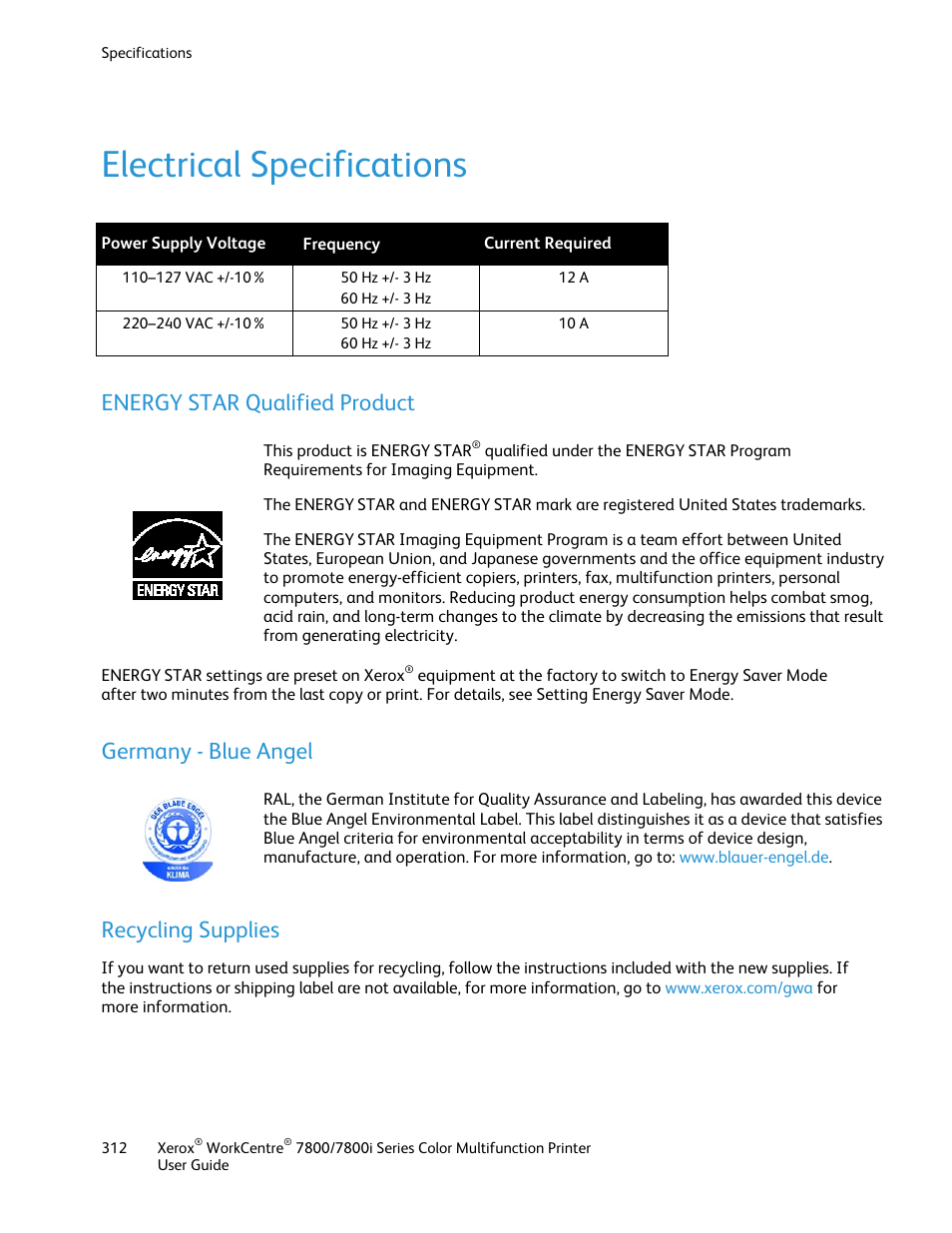 Electrical specifications, Energy star qualified product, Germany - blue angel | Recycling supplies | Xerox WorkCentre 7835ii User Manual | Page 312 / 336
