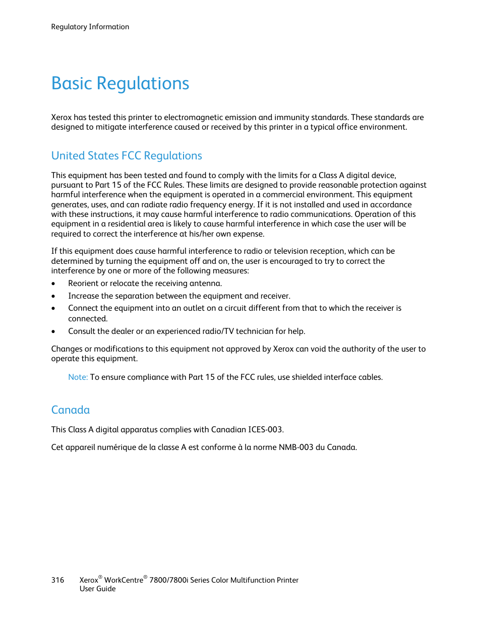Basic regulations, United states fcc regulations, Canada | Xerox WorkCentre 7835ii User Manual | Page 316 / 336