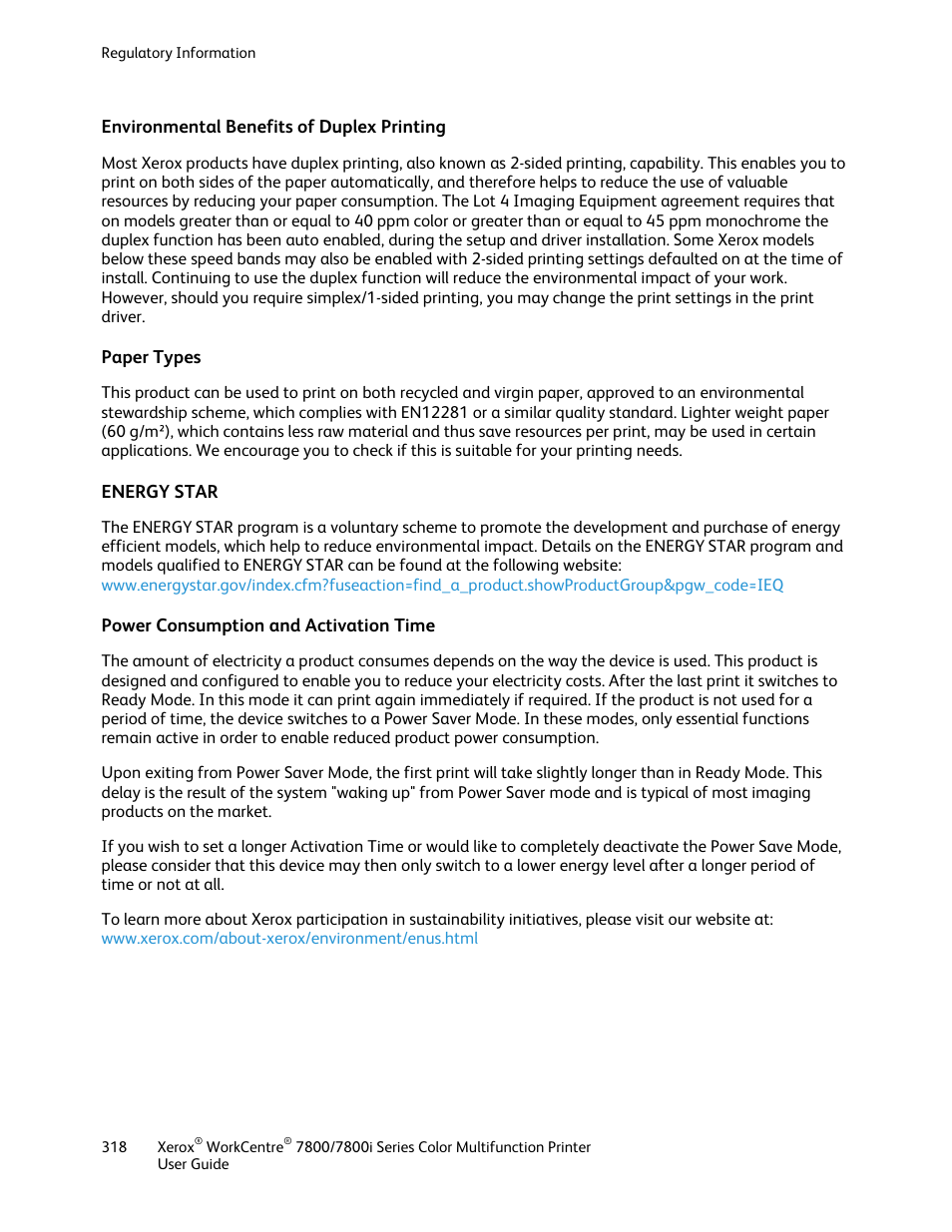 Environmental benefits of duplex printing, Paper types, Energy star | Power consumption and activation time | Xerox WorkCentre 7835ii User Manual | Page 318 / 336