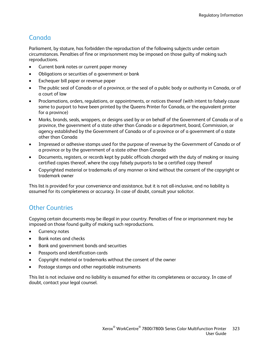 Canada, Other countries | Xerox WorkCentre 7835ii User Manual | Page 323 / 336