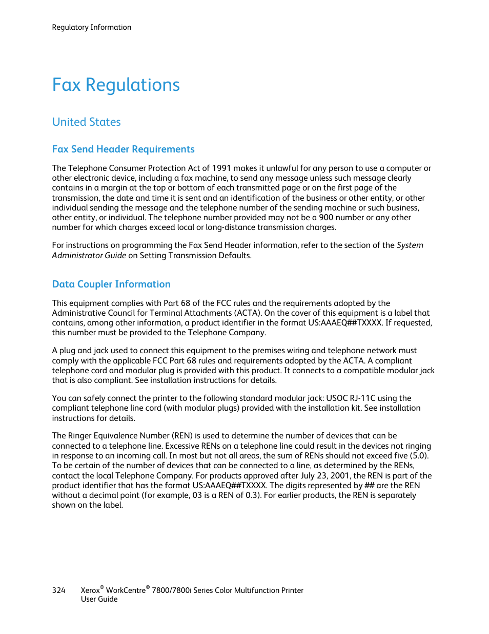 Fax regulations, United states, Fax send header requirements | Data coupler information | Xerox WorkCentre 7835ii User Manual | Page 324 / 336