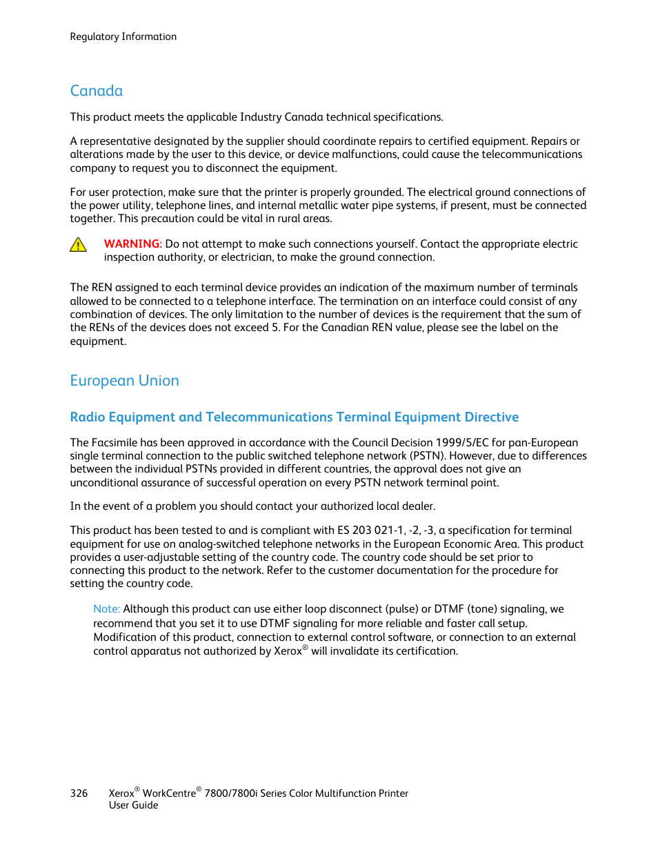 Canada, European union | Xerox WorkCentre 7835ii User Manual | Page 326 / 336