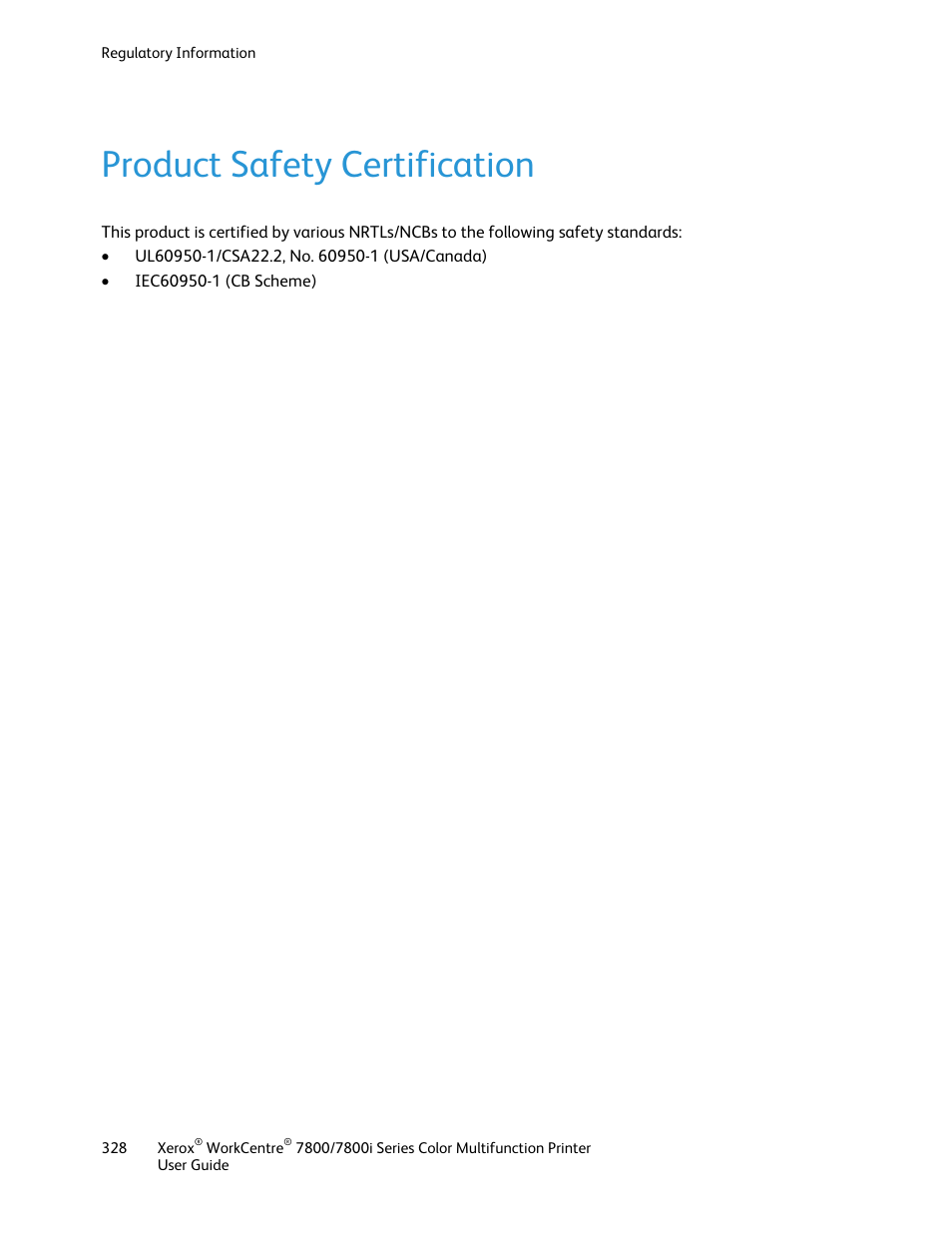 Product safety certification | Xerox WorkCentre 7835ii User Manual | Page 328 / 336