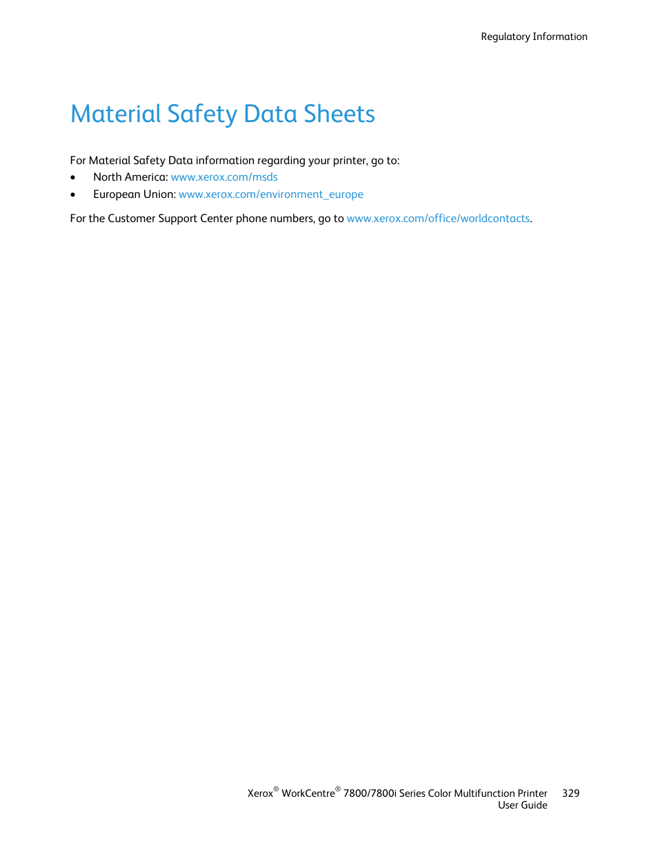 Material safety data sheets | Xerox WorkCentre 7835ii User Manual | Page 329 / 336