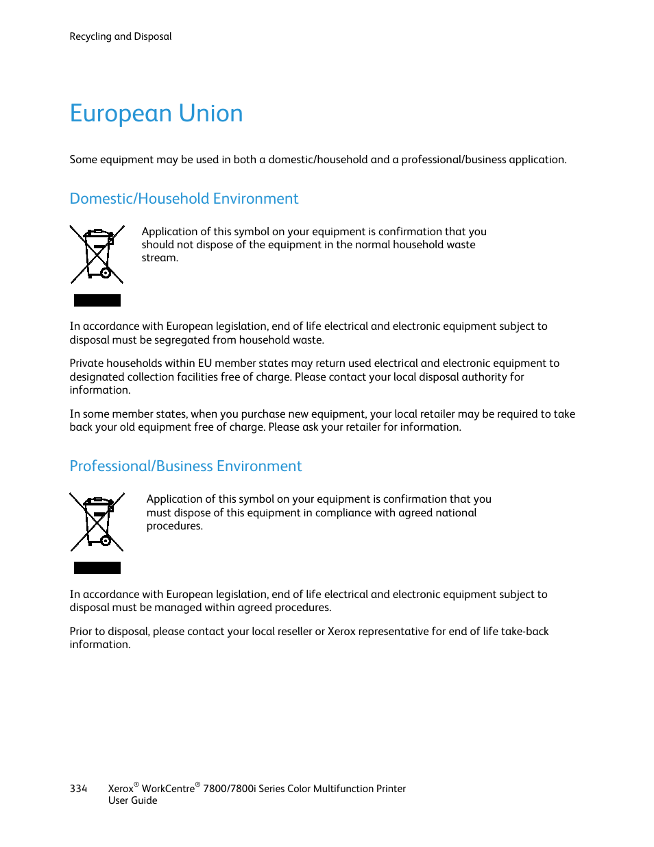 European union, Domestic/household environment, Professional/business environment | Xerox WorkCentre 7835ii User Manual | Page 334 / 336