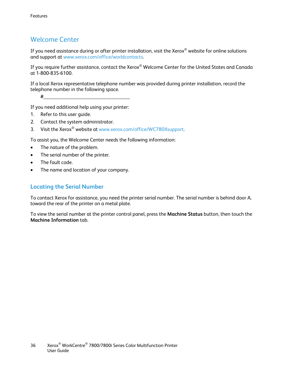 Welcome center, Locating the serial number | Xerox WorkCentre 7835ii User Manual | Page 36 / 336