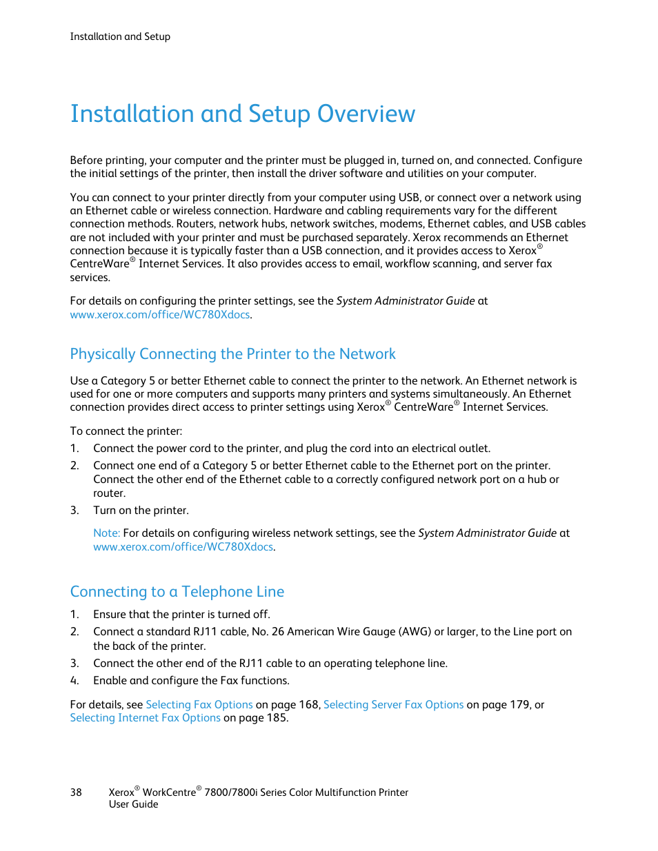 Installation and setup overview, Physically connecting the printer to the network, Connecting to a telephone line | Xerox WorkCentre 7835ii User Manual | Page 38 / 336