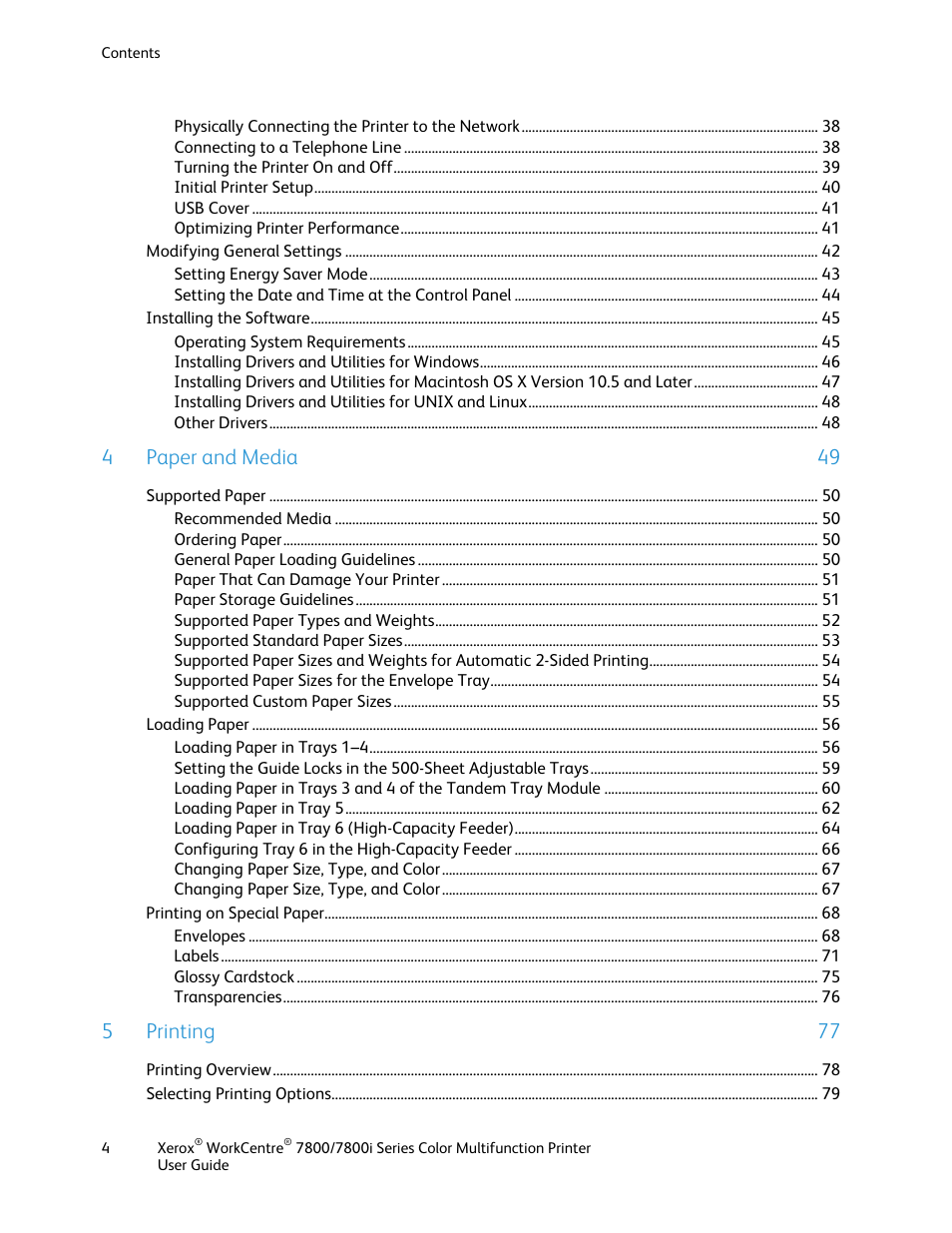 4 paper and media 49, 5 printing 77 | Xerox WorkCentre 7835ii User Manual | Page 4 / 336