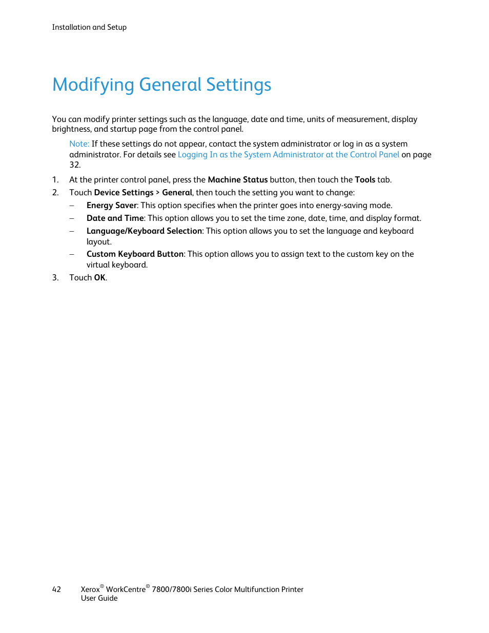 Modifying general settings | Xerox WorkCentre 7835ii User Manual | Page 42 / 336