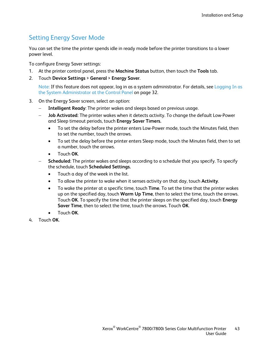 Setting energy saver mode | Xerox WorkCentre 7835ii User Manual | Page 43 / 336