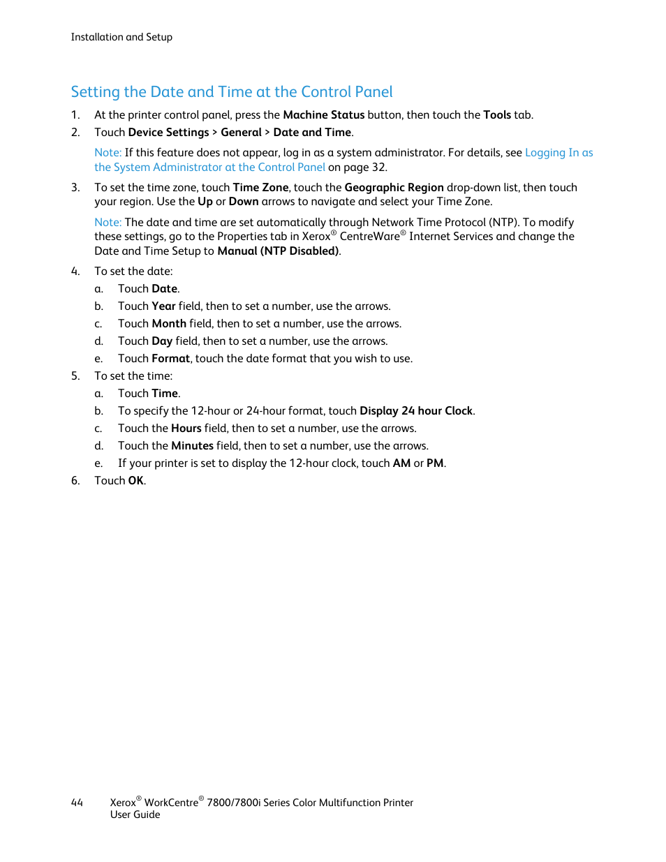 Setting the date and time at the control panel | Xerox WorkCentre 7835ii User Manual | Page 44 / 336