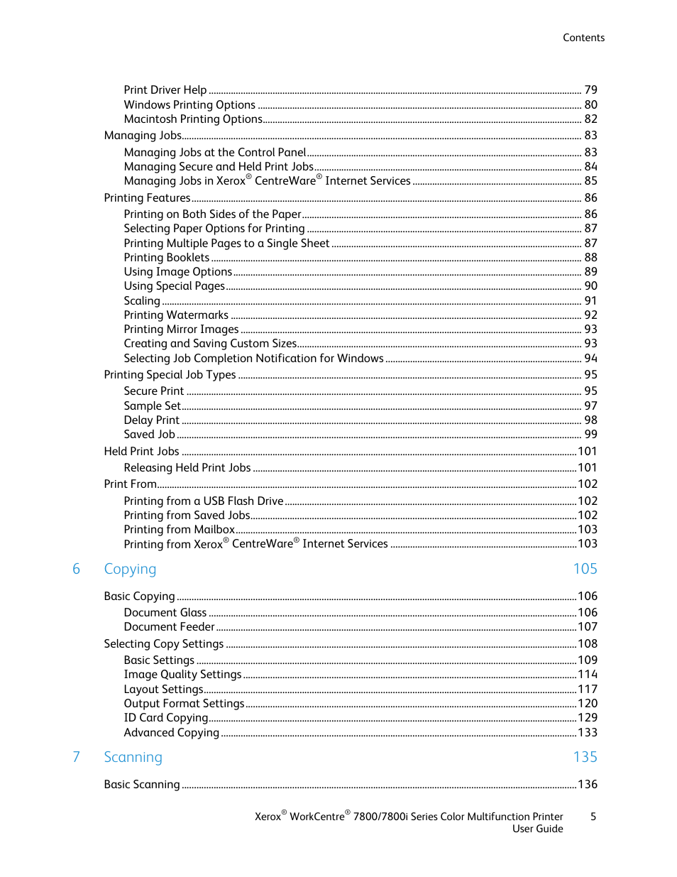 6 copying 105, 7 scanning 135 | Xerox WorkCentre 7835ii User Manual | Page 5 / 336