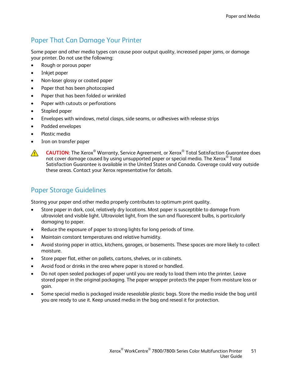 Paper that can damage your printer, Paper storage guidelines | Xerox WorkCentre 7835ii User Manual | Page 51 / 336