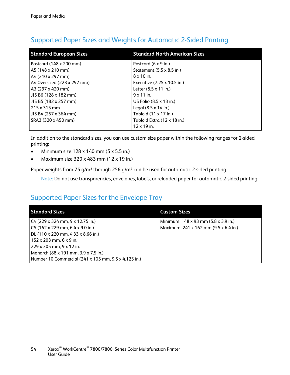 Supported paper sizes for the envelope tray | Xerox WorkCentre 7835ii User Manual | Page 54 / 336