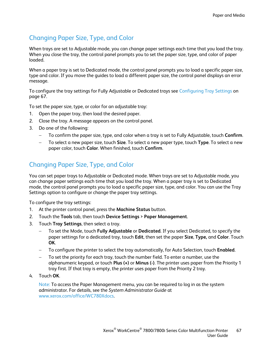 Changing paper size, type, and color | Xerox WorkCentre 7835ii User Manual | Page 67 / 336