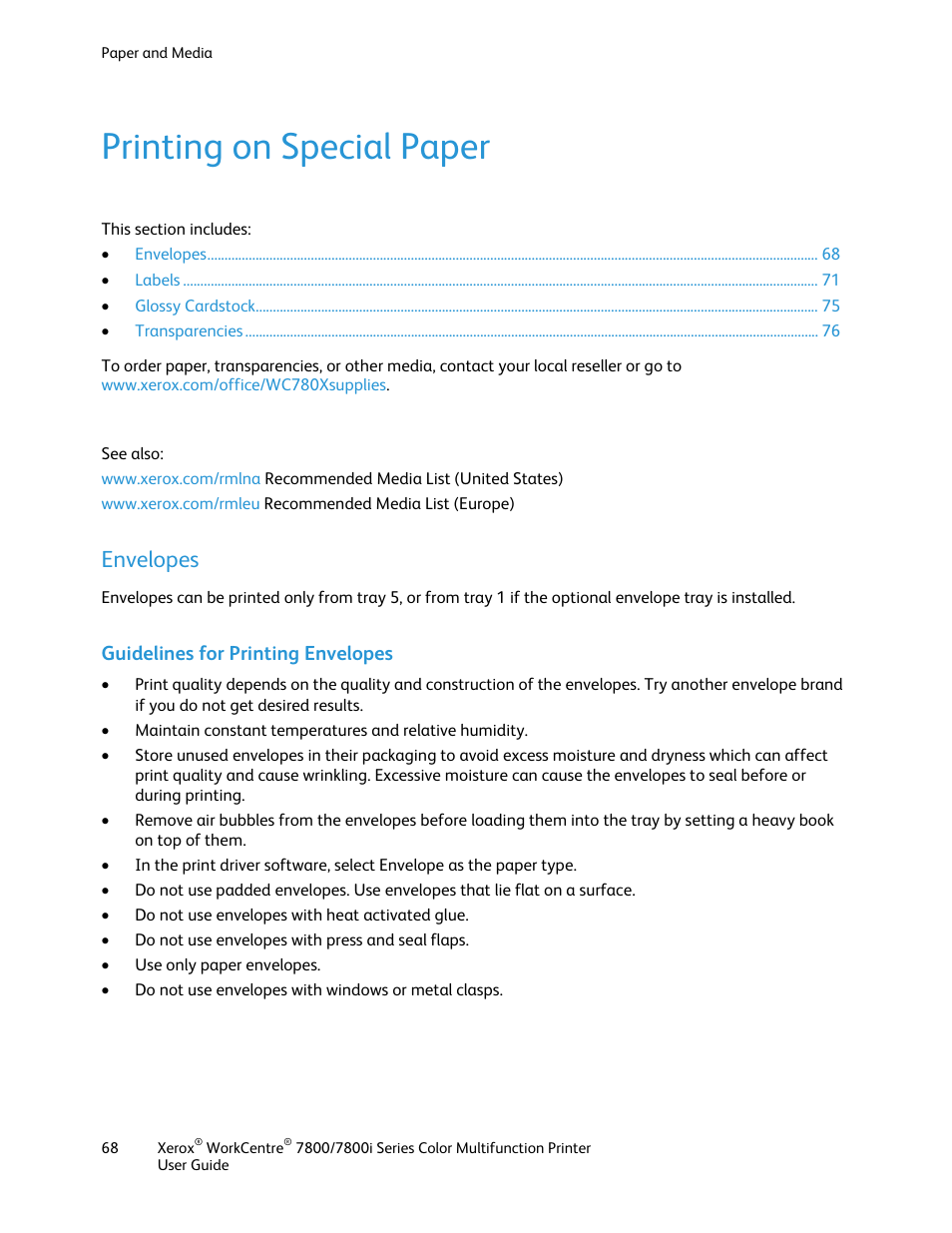 Printing on special paper, Envelopes, Guidelines for printing envelopes | Xerox WorkCentre 7835ii User Manual | Page 68 / 336