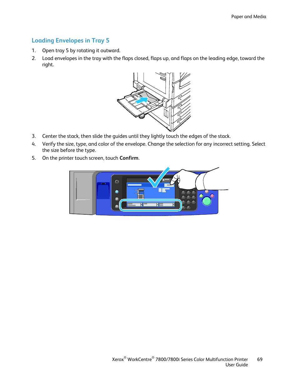 Loading envelopes in tray 5 | Xerox WorkCentre 7835ii User Manual | Page 69 / 336