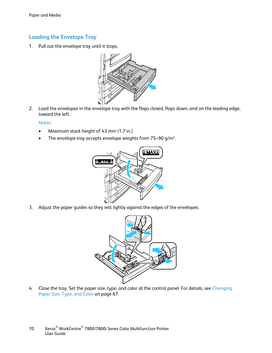 Loading the envelope tray | Xerox WorkCentre 7835ii User Manual | Page 70 / 336