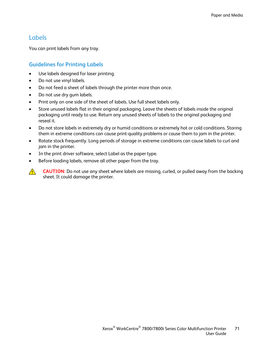 Labels, Guidelines for printing labels | Xerox WorkCentre 7835ii User Manual | Page 71 / 336