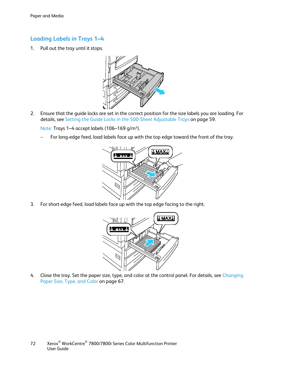 Loading labels in trays 1–4 | Xerox WorkCentre 7835ii User Manual | Page 72 / 336