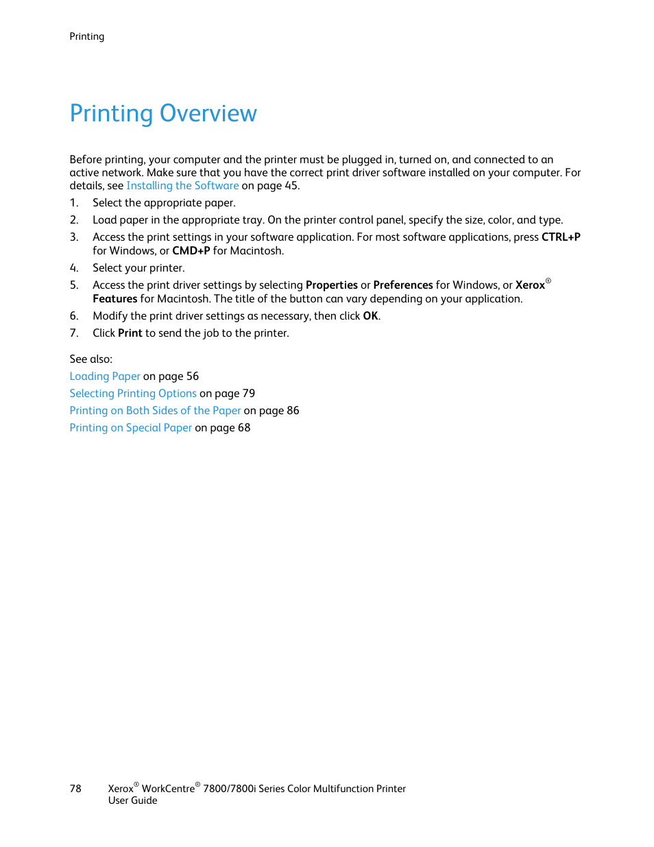 Printing overview | Xerox WorkCentre 7835ii User Manual | Page 78 / 336