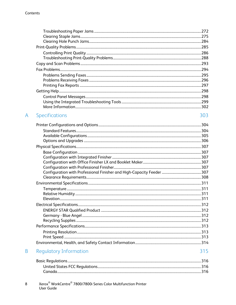 A specifications 303, B regulatory information 315 | Xerox WorkCentre 7835ii User Manual | Page 8 / 336