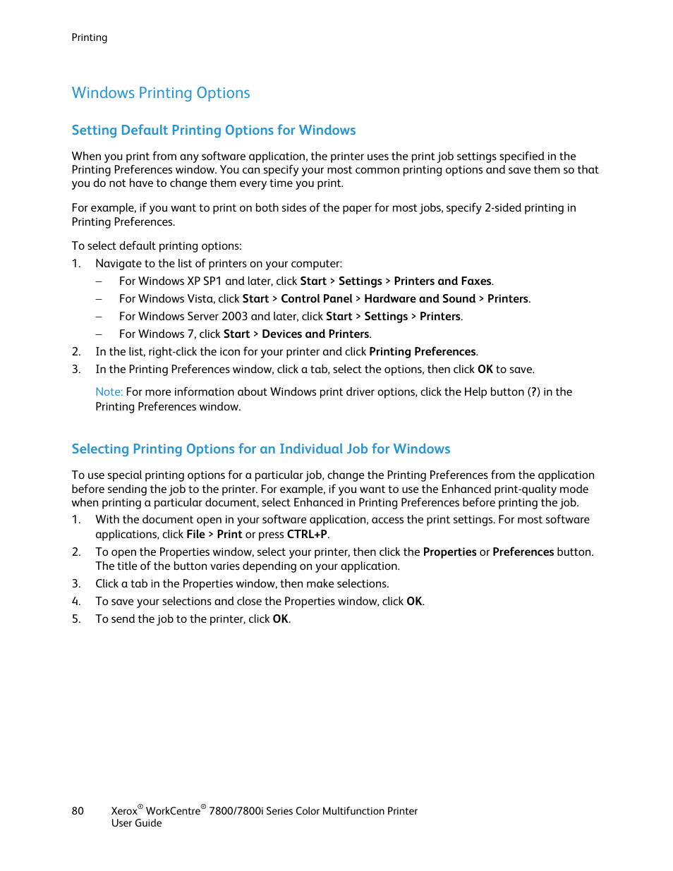 Windows printing options, Setting default printing options for windows | Xerox WorkCentre 7835ii User Manual | Page 80 / 336