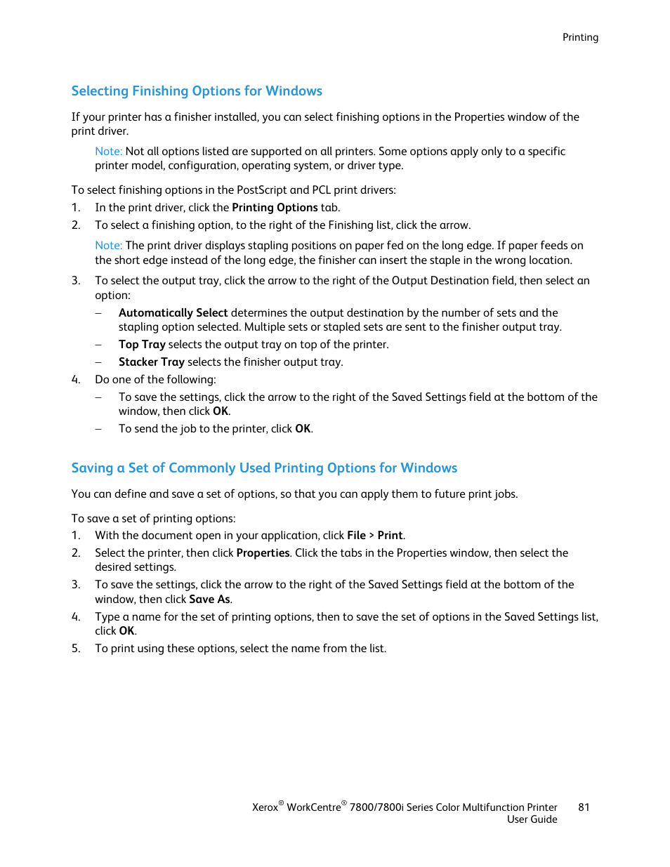 Selecting finishing options for windows | Xerox WorkCentre 7835ii User Manual | Page 81 / 336