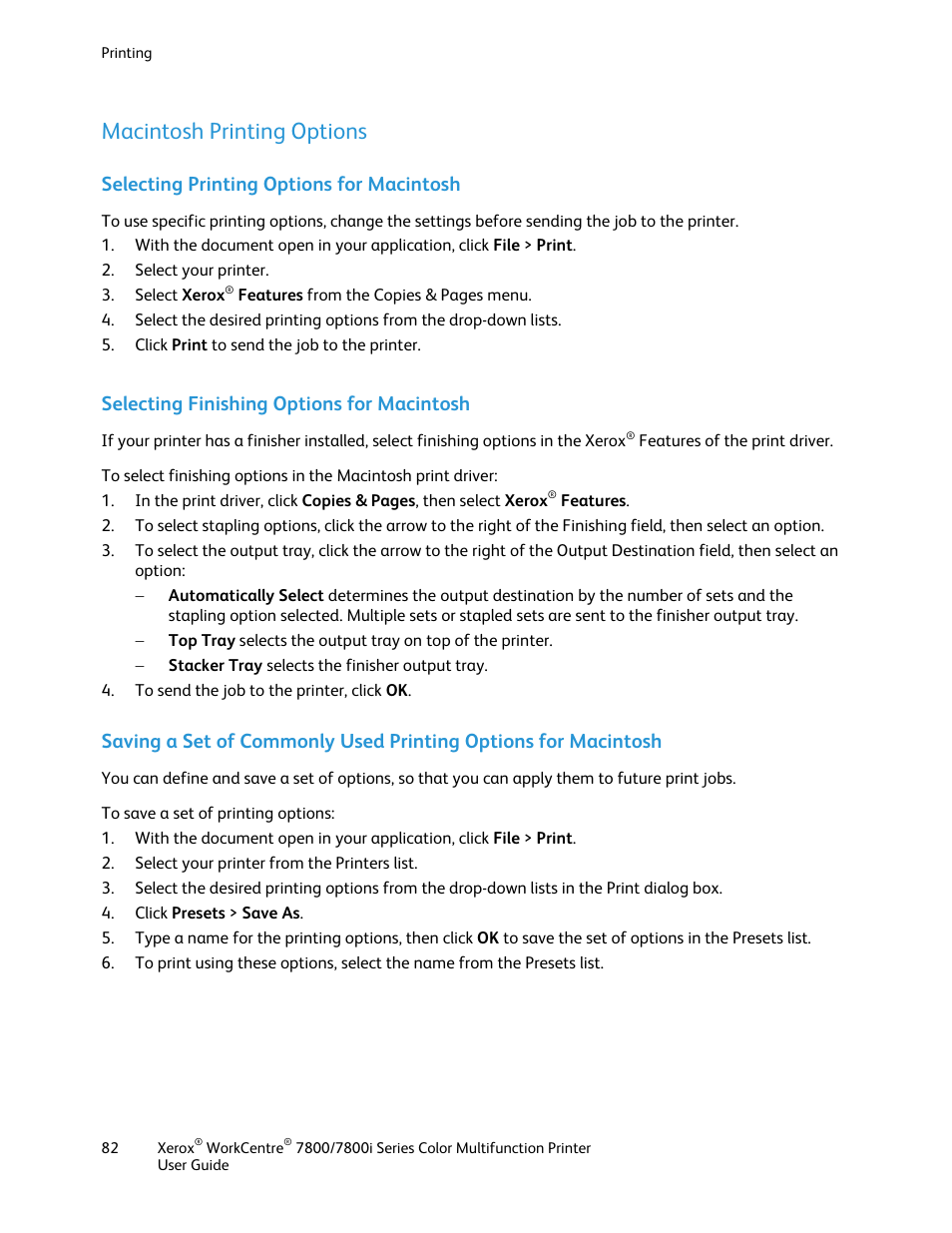 Macintosh printing options, Selecting printing options for macintosh, Selecting finishing options for macintosh | Xerox WorkCentre 7835ii User Manual | Page 82 / 336