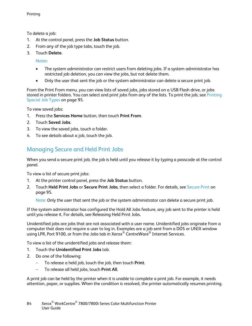 Managing secure and held print jobs | Xerox WorkCentre 7835ii User Manual | Page 84 / 336