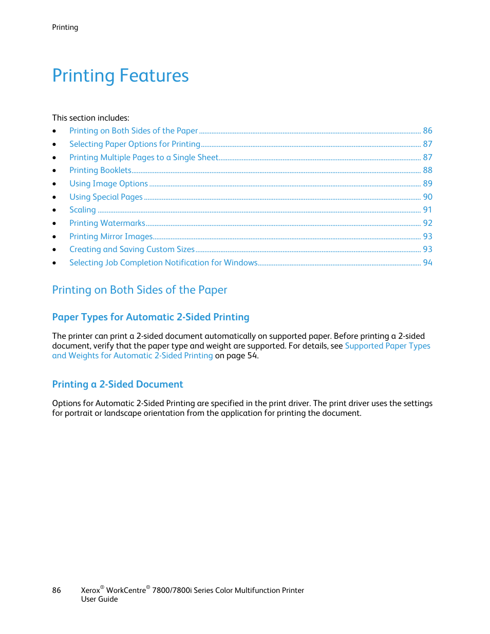 Printing features, Printing on both sides of the paper, Paper types for automatic 2-sided printing | Printing a 2-sided document | Xerox WorkCentre 7835ii User Manual | Page 86 / 336