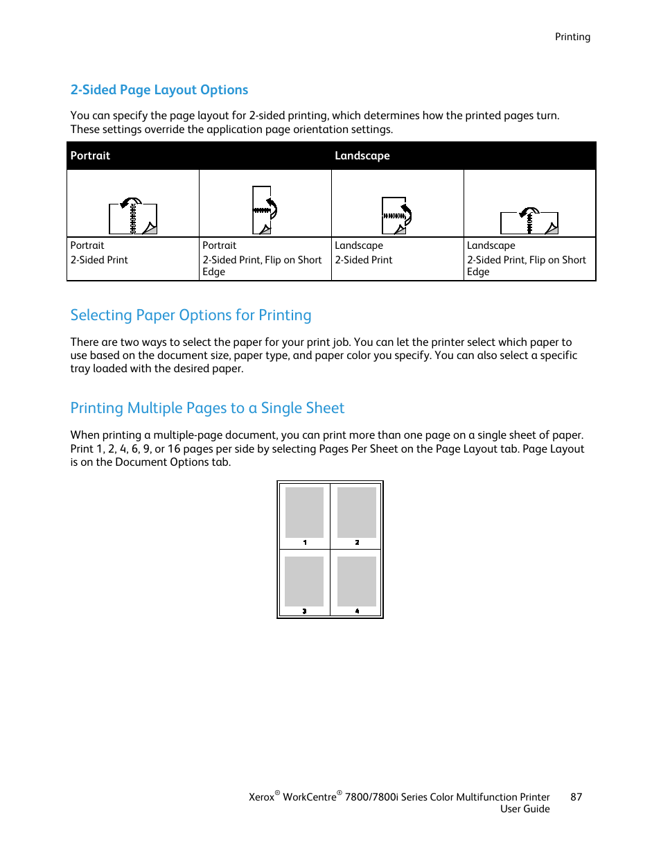 Selecting paper options for printing, Printing multiple pages to a single sheet, Sided page layout options | Xerox WorkCentre 7835ii User Manual | Page 87 / 336