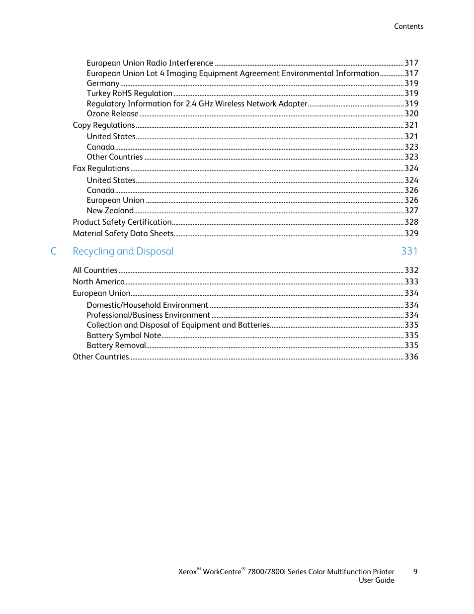 C recycling and disposal 331 | Xerox WorkCentre 7835ii User Manual | Page 9 / 336