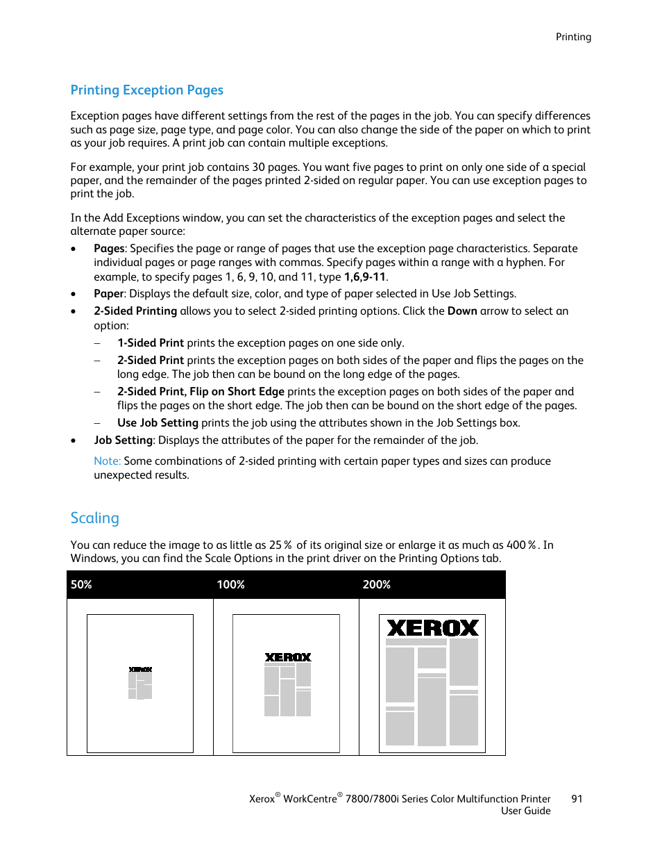 Scaling, Printing exception pages | Xerox WorkCentre 7835ii User Manual | Page 91 / 336