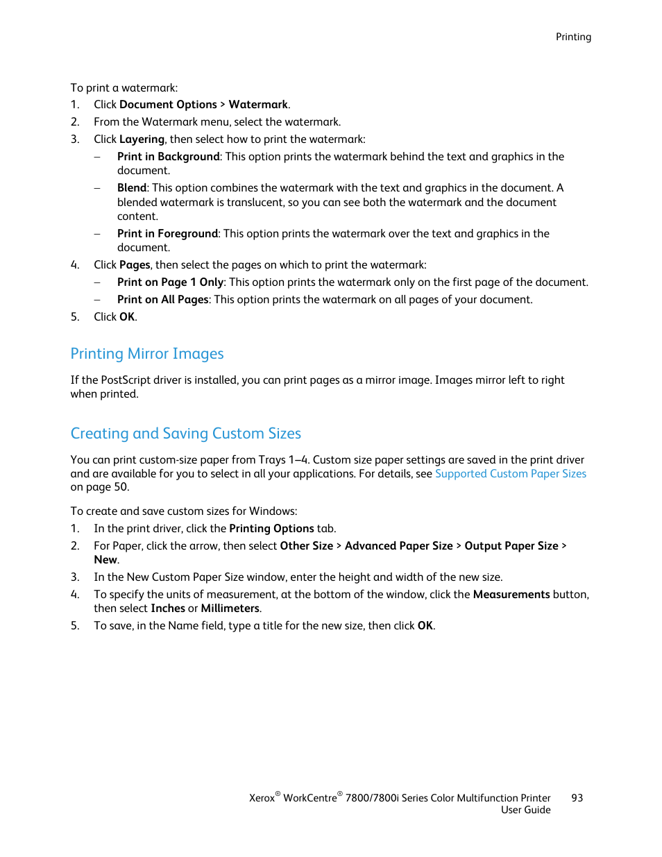 Printing mirror images, Creating and saving custom sizes | Xerox WorkCentre 7835ii User Manual | Page 93 / 336