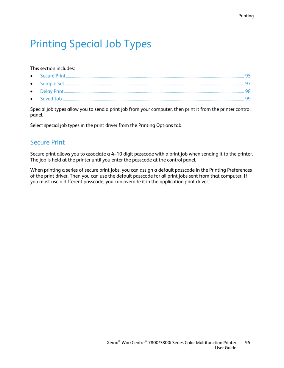 Printing special job types, Secure print | Xerox WorkCentre 7835ii User Manual | Page 95 / 336