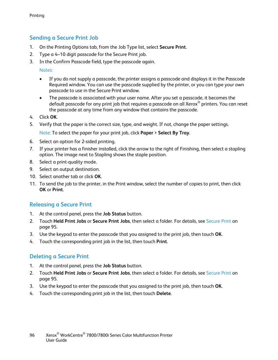 Sending a secure print job, Releasing a secure print, Deleting a secure print | Xerox WorkCentre 7835ii User Manual | Page 96 / 336