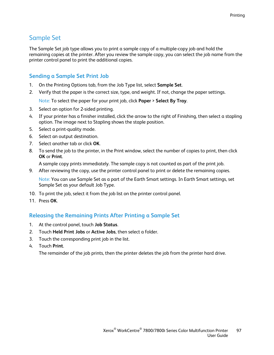 Sample set, Sending a sample set print job | Xerox WorkCentre 7835ii User Manual | Page 97 / 336