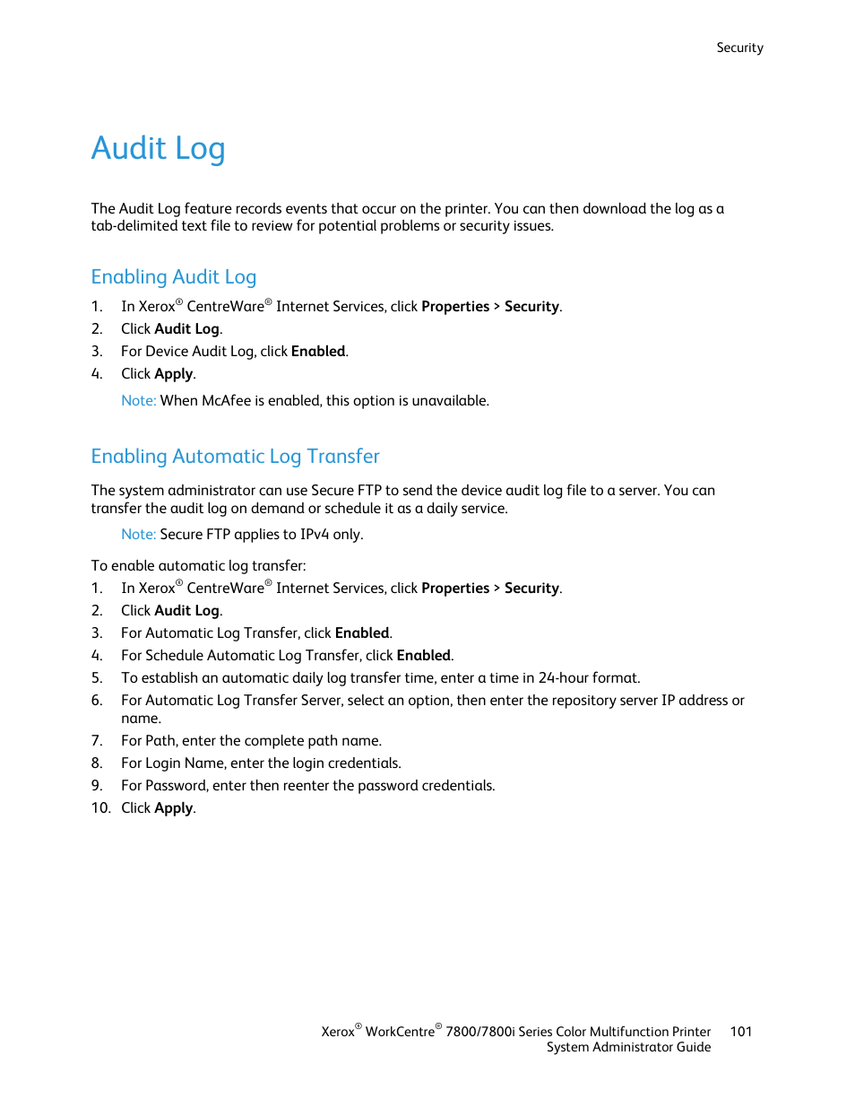 Audit log, Enabling audit log, Enabling automatic log transfer | Xerox WorkCentre 7835ii User Manual | Page 101 / 284